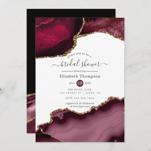 ブルゴーニュと金ゴールドアゲートブライダルシャワー 招待状 (正面/裏面)
