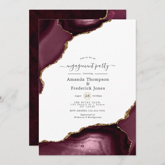 ブルゴーニュと金ゴールドアゲート婚約パーティ 招待状 (正面/裏面)