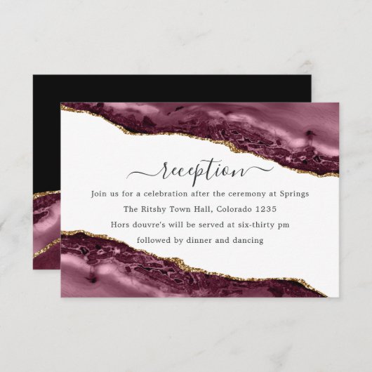 ブルゴーニュと金ゴールドアゲート結婚式レセプション エンクロージャーカード (正面/裏面)