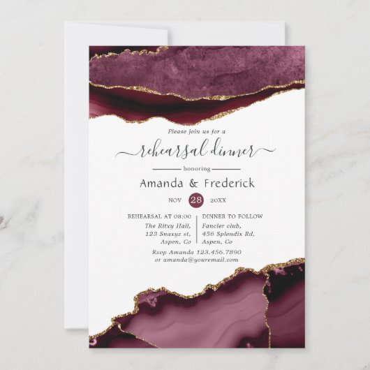 ブルゴーニュと金ゴールドアゲ結婚ートのリハーサルディナー 招待状 (正面)