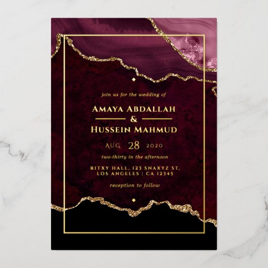 ブルゴーニュと金ゴールドアゲ結婚ート 箔招待状 (正面)