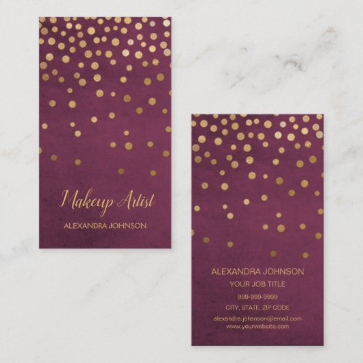 ブルゴーニュと金ゴールドエレガント紙吹雪メイクアップアーティスト 名刺 (正面/裏面)