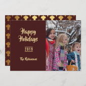 ブルゴーニュと金ゴールドクリスマスグリーティングファミリーフォト シーズンカード (正面/裏面)