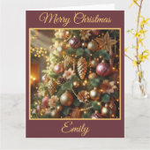 ブルゴーニュと金ゴールドクリスマスツリー カード (黄色い花)