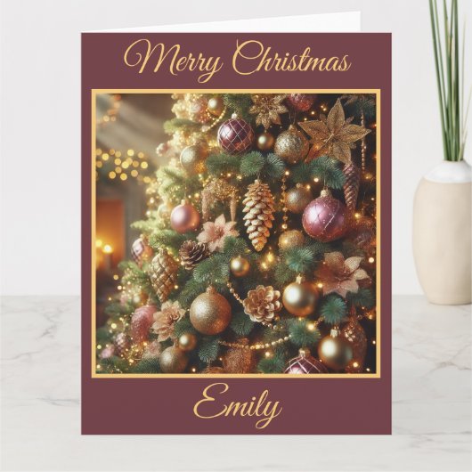 ブルゴーニュと金ゴールドクリスマスツリー カード (正面)