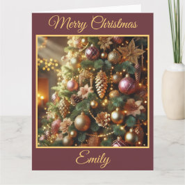 ブルゴーニュと金ゴールドクリスマスツリー カード
