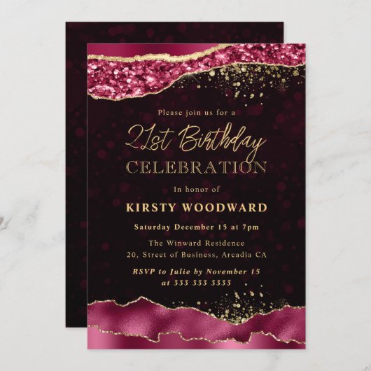 ブルゴーニュと金ゴールドグラムティアーズ21歳の誕生日 招待状 (正面/裏面)