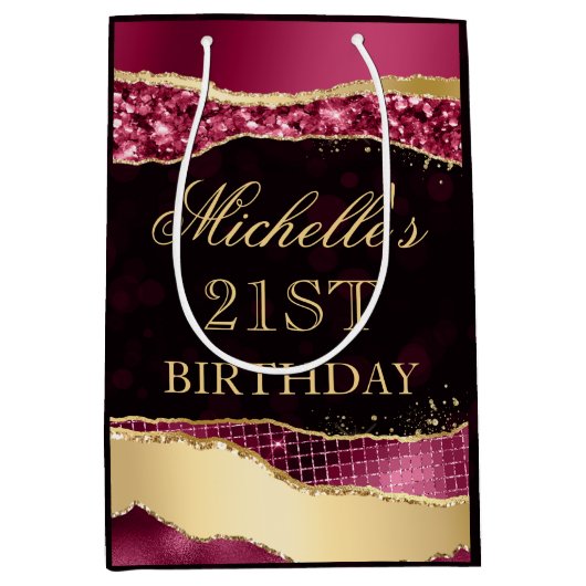 ブルゴーニュと金ゴールドグラムティアーズ《写真》ぼけ味誕生日パーティー ミディアムペーパーバッグ (正面)