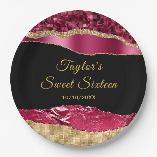 ブルゴーニュと金ゴールドグラムティアーズSweet sixteen ペーパープレート (正面)