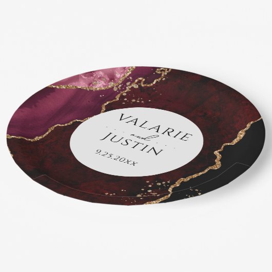 ブルゴーニュと金ゴールドグリッターアゲ結婚ート ペーパープレート (アングル)