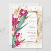 ブルゴーニュと金ゴールドグリッタースパークル結婚ズ 招待状 (正面)