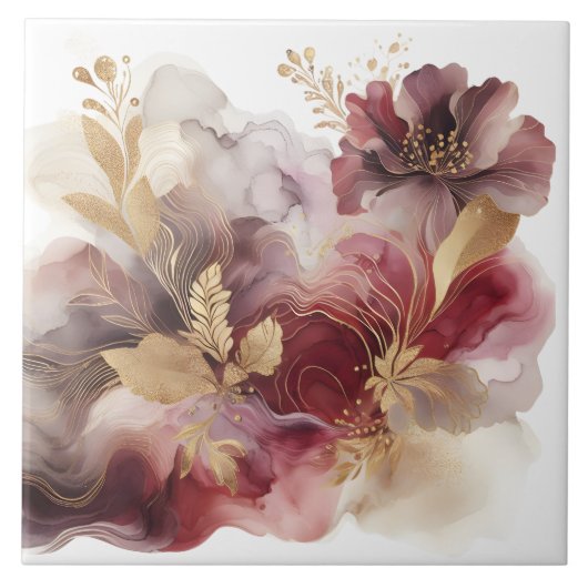 ブルゴーニュと金ゴールドグリッターフローラ瑪瑙 タイル (正面)