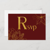 ブルゴーニュと金ゴールドグリッターフローラRSVPカード 出欠カード (正面/裏面)