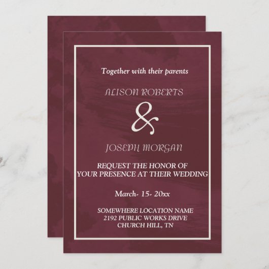 ブルゴーニュと金ゴールドグリッター結婚ポケットのカード 招待状 (正面/裏面)