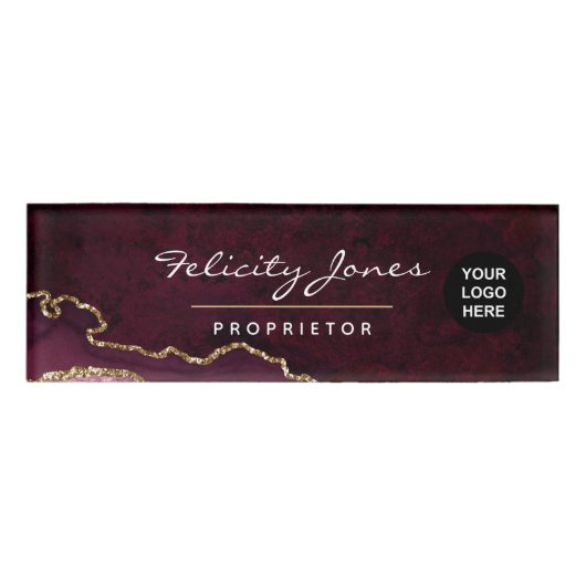 ブルゴーニュと金ゴールドゲード大切アゲイト石名 名札 (正面)