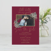 ブルゴーニュと金ゴールドゴシックフローラ写真結婚の セーブザデート (スタンド正面)