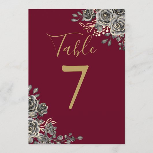 ブルゴーニュと金ゴールドゴシック結婚フローラのテーブル番号 招待状 (正面)