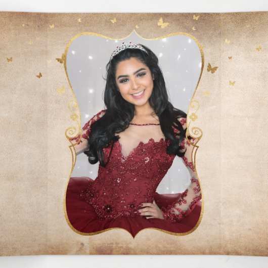 ブルゴーニュと金ゴールドバラエレガント写真キンセアニェラ 三つ折り招待状 (内部中)