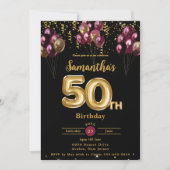 ブルゴーニュと金ゴールドバルーン紙吹雪50誕生日 招待状 (正面)