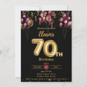 ブルゴーニュと金ゴールドバルーン紙吹雪70誕生日 招待状 (正面)