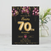 ブルゴーニュと金ゴールドバルーン紙吹雪70誕生日 招待状 (スタンド正面)