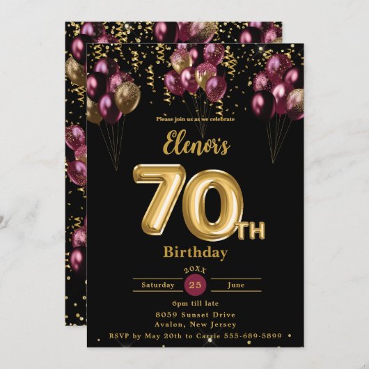 ブルゴーニュと金ゴールドバルーン紙吹雪70誕生日 招待状 (正面/裏面)