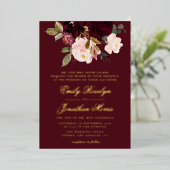 ブルゴーニュと金ゴールドフローラエレガントな結婚式 箔招待状 (立ち正面)