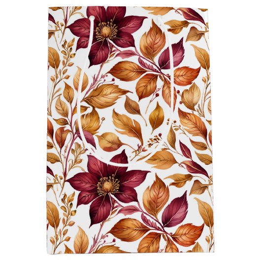 ブルゴーニュと金ゴールドフローラリーフパターン ミディアムペーパーバッグ (正面)