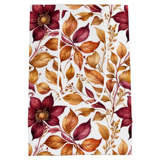 ブルゴーニュと金ゴールドフローラリーフパターン ミディアムペーパーバッグ (裏面)