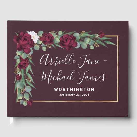 ブルゴーニュと金ゴールドフローラ水彩秋の結婚式 ゲストブック (正面)