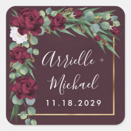 ブルゴーニュと金ゴールドフローラ水彩秋の結婚式 スクエアシール
