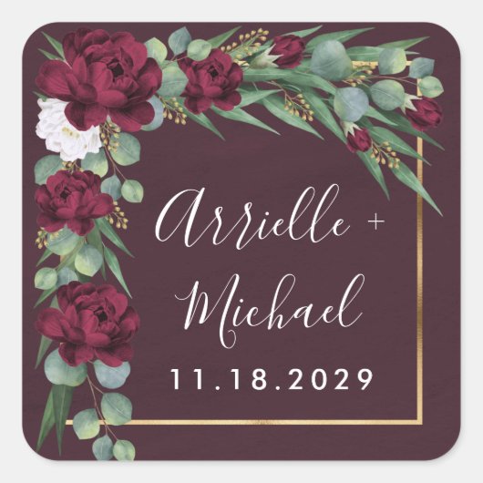 ブルゴーニュと金ゴールドフローラ水彩秋の結婚式 スクエアシール (正面)
