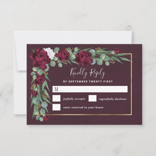 ブルゴーニュと金ゴールドフローラ水彩秋の結婚式 出欠カード (正面)