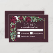 ブルゴーニュと金ゴールドフローラ水彩秋の結婚式 出欠カード (正面/裏面)