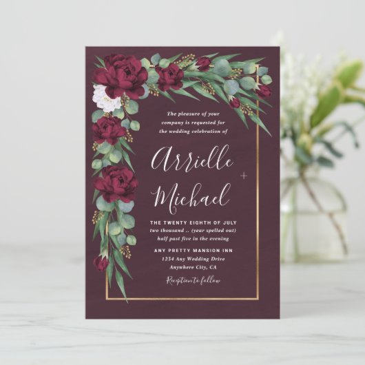 ブルゴーニュと金ゴールドフローラ水彩秋の結婚式 招待状 (スタンド正面)