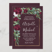 ブルゴーニュと金ゴールドフローラ水彩秋の結婚式 招待状 (正面/裏面)