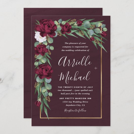 ブルゴーニュと金ゴールドフローラ水彩秋の結婚式 招待状 (正面/裏面)