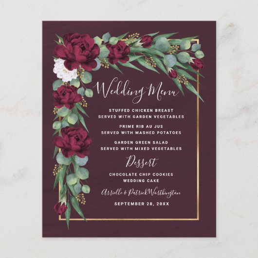 ブルゴーニュと金ゴールドフローラ秋の結婚式のメニューカード (正面)