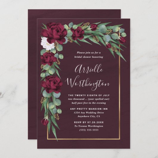 ブルゴーニュと金ゴールドフローラ秋ユニークブライダルシャワー 招待状 (正面/裏面)