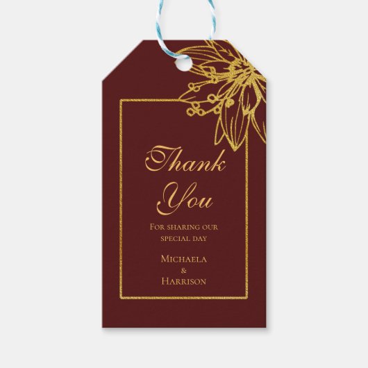 ブルゴーニュと金ゴールドフローラ結婚式の引き出物 ギフトタグ (正面)