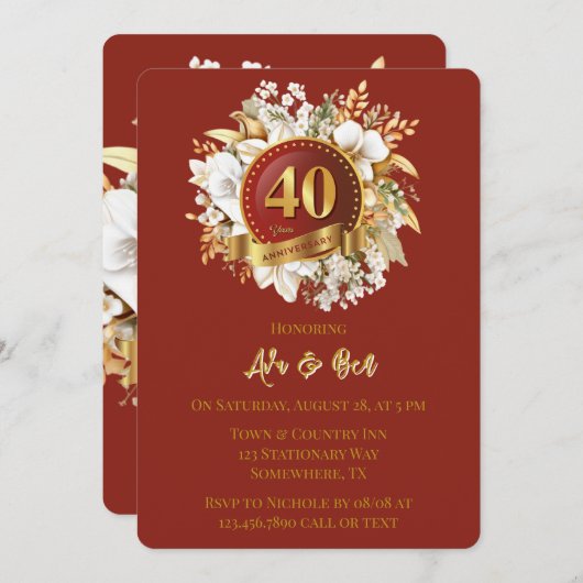 ブルゴーニュと金ゴールドフローラ結婚40周年 招待状 (正面/裏面)