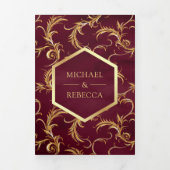 ブルゴーニュと金ゴールドフローリッシュ結婚スワールの写真 三つ折り招待状 (カバー)