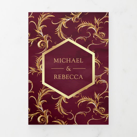 ブルゴーニュと金ゴールドフローリッシュ結婚スワールの写真 三つ折り招待状 (カバー)