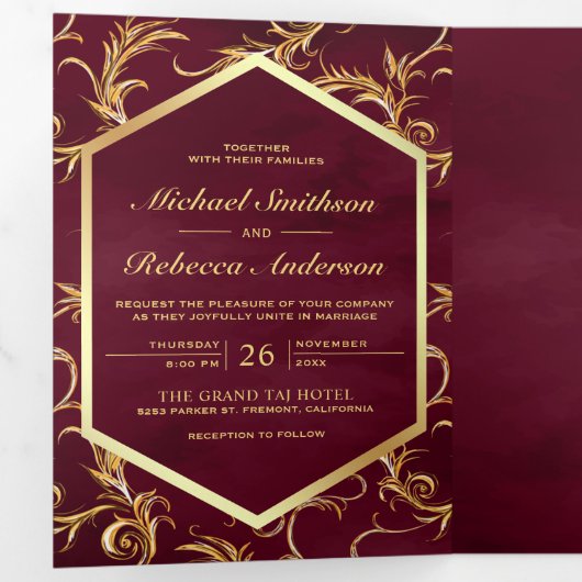 ブルゴーニュと金ゴールドフローリッシュ結婚スワールの写真 三つ折り招待状 (内部最初)