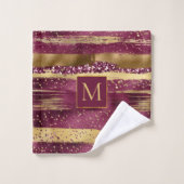 ブルゴーニュと金ゴールドブラシのストロークとモノグラム バスタオルセット (ウォッシュタオル)