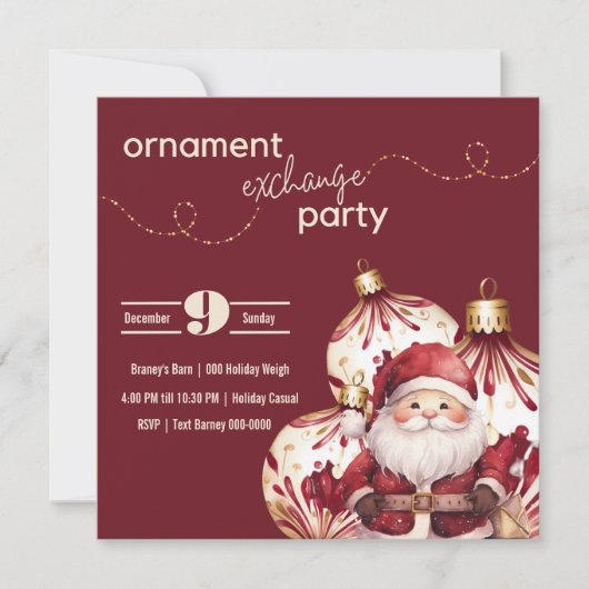 ブルゴーニュと金ゴールドホリデーオーナメントズウィズサンタ 招待状 (正面)