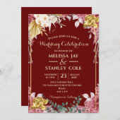 ブルゴーニュと金ゴールドユーカリリース結婚ズ 招待状 (正面/裏面)