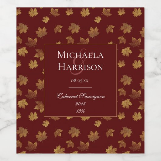 ブルゴーニュと金ゴールドリーフ結婚式の引き出物 ワインラベル (シングルラベル)