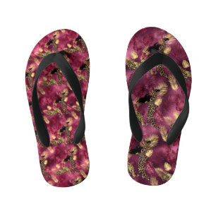 ブルゴーニュと金ゴールドレオパードデザイン10 キッズビーチサンダル