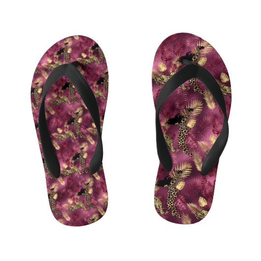 ブルゴーニュと金ゴールドレオパードデザイン10 キッズビーチサンダル (フットベッド)